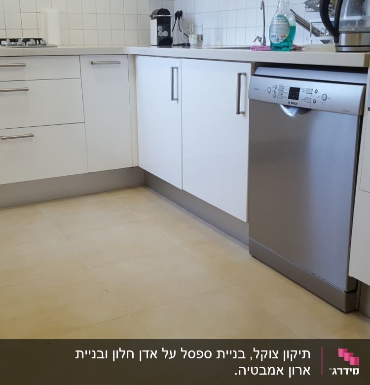 מטבח עם ארונות לבנים ומכשירי חשמל מודרניים